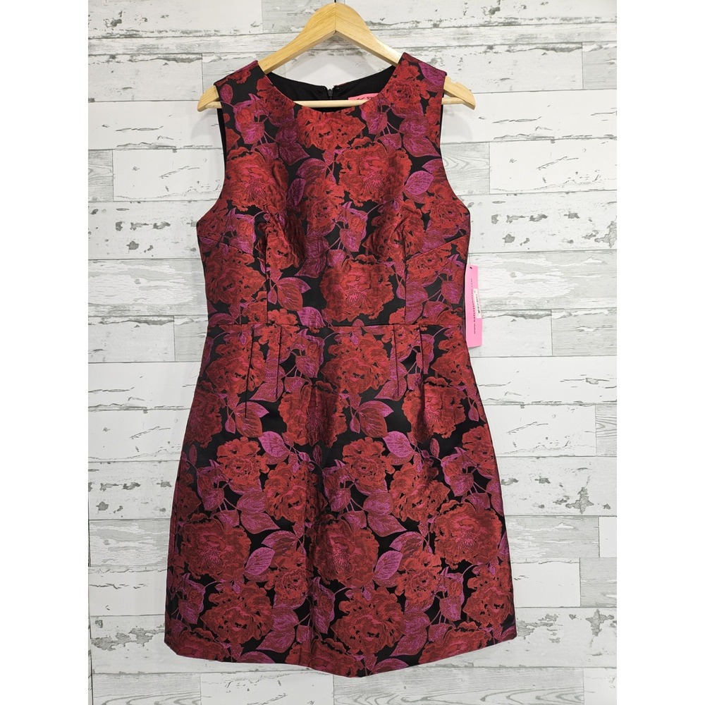 Betsey Johnson Womens 12 Sheath Dress Sleeveless Jacquard Red Fuchsia Floral